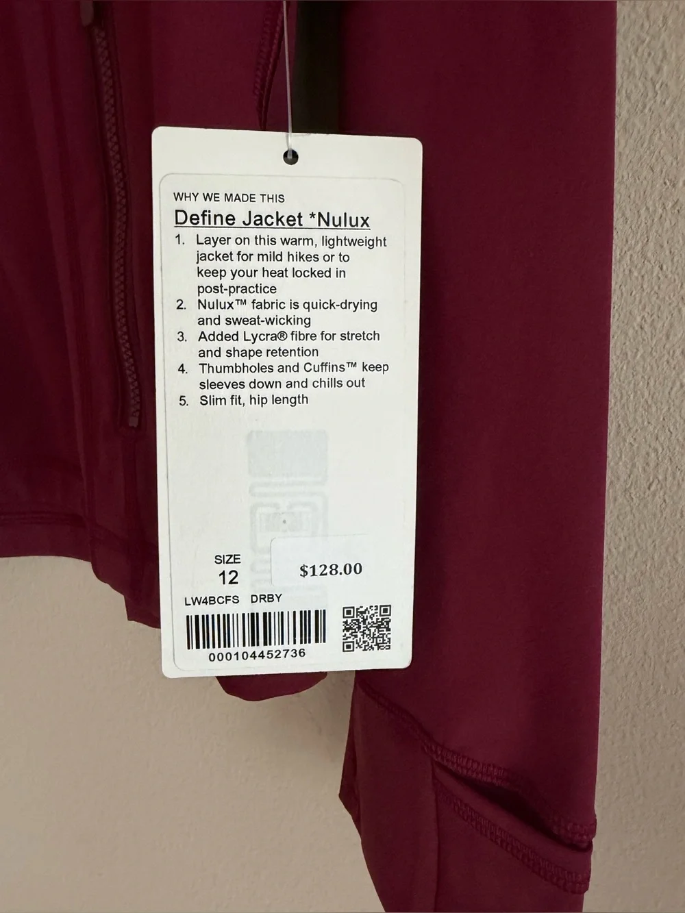Lululemon Define Jacket Nulux in Deep Ruby (DRBY), Size 12 — NWT